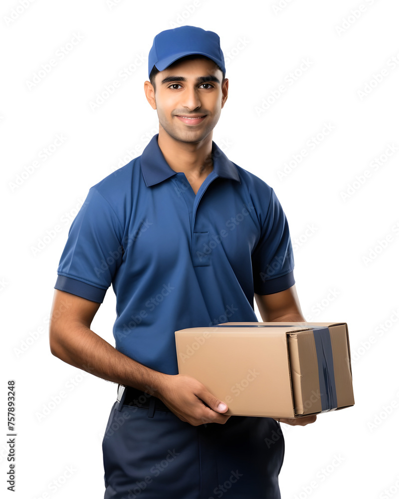 Young delivery boy in dark blue dress holding parcel in hands isolated on white background Young delivery boy in dark blue dress holding parcel in hands isolated on white background