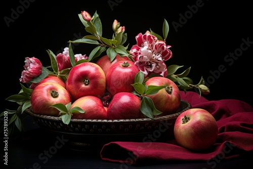 Rustic still life composition with apples and pomegranate flowers in a shimmering silver dish