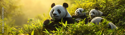 Panda bear family at the rain forest with setting sun shining. Group of wild animals in nature. Horizontal, banner. © linda_vostrovska