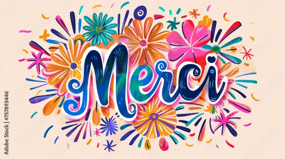 Merci - Thank you in French language. Modern calligraphy lettering text on beautiful background with floral elements. Merci - Thank you in French language. Modern calligraphy lettering text on beautiful background with floral elements.