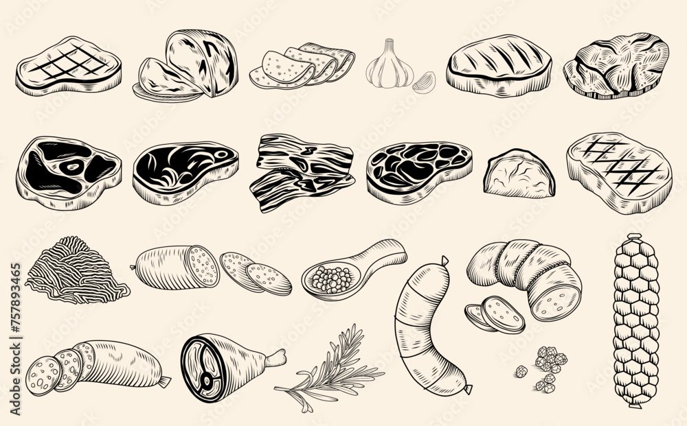 Set of hand drawn meat products sketch illustration (Steak, beef, lamb, pork steak, ham, minced meat, sausage, spices, jamon, lard), vector food collection, butchery food meat product clipart Set of hand drawn meat products sketch illustration (Steak, beef, lamb, pork steak, ham, minced meat, sausage, spices, jamon, lard), vector food collection, butchery food meat product clipart