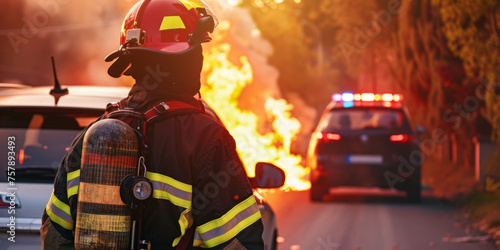 A firefighter in protective gear confronting a fierce car fire on a roadside, with emergency lights.