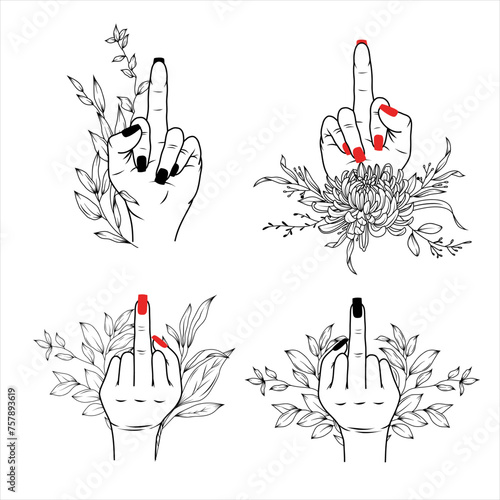 Set of women hands with middle finger up, decorated by greenery branches, female hands with red and black polish isolated vector Illustration