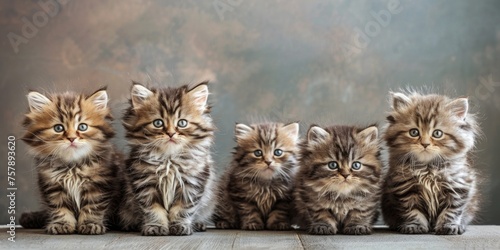 Five cute fluffy kittens sitting in a row against a textured backdrop, looking curiously at the camera. photo