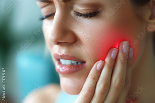 Young woman with toothache, periodontal disease in wisdom teeth, gum inflammation, dental pain, health problems concept