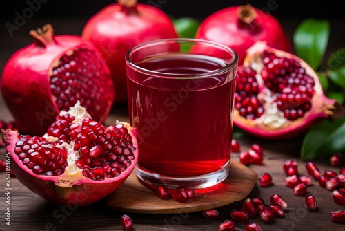 Fresh pomegranate fruit, glass of juice, seeds, and blossoms on table - organic food concept