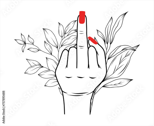 Woman hand with middle finger up, decorated by greenery branches, female hand with red polish isolated vector Illustration