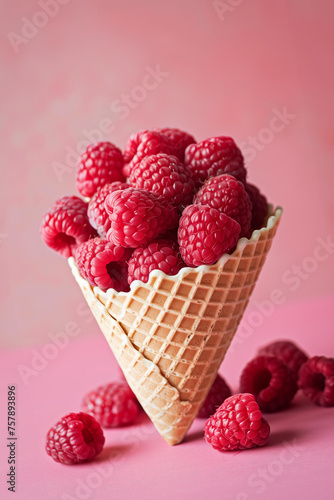 
waffle cone filled with raspberries against a pastel pink background