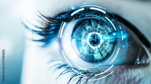 Close-up of a human eye with a futuristic digital interface overlay, implying advanced technology or cybernetic augmentation.