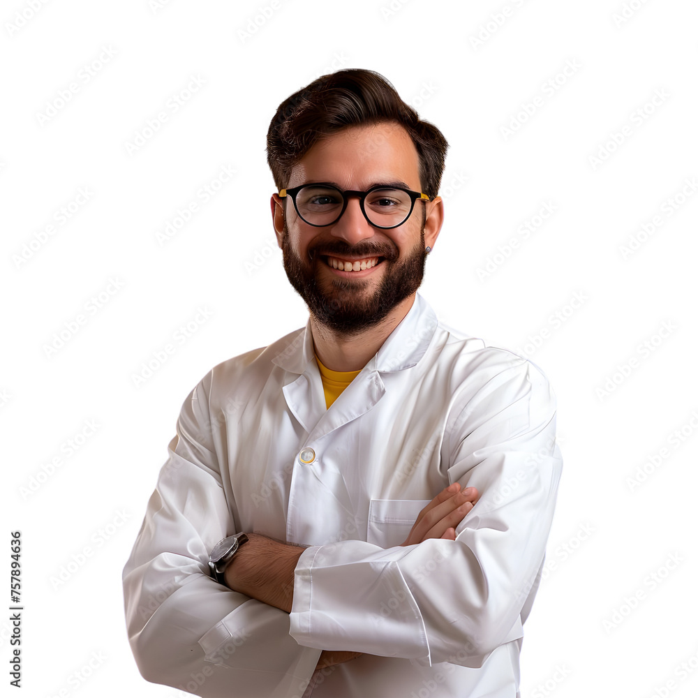 Portrait of a smiling young male doctor in a white coat and glasses isolated on transparent background Portrait of a smiling young male doctor in a white coat and glasses isolated on transparent background