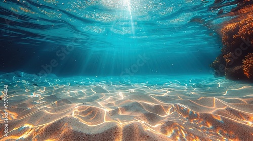 Seabed sand with blue tropical ocean above, empty underwater background with the summer sun shining brightly, creating ripples in the calm sea water photo