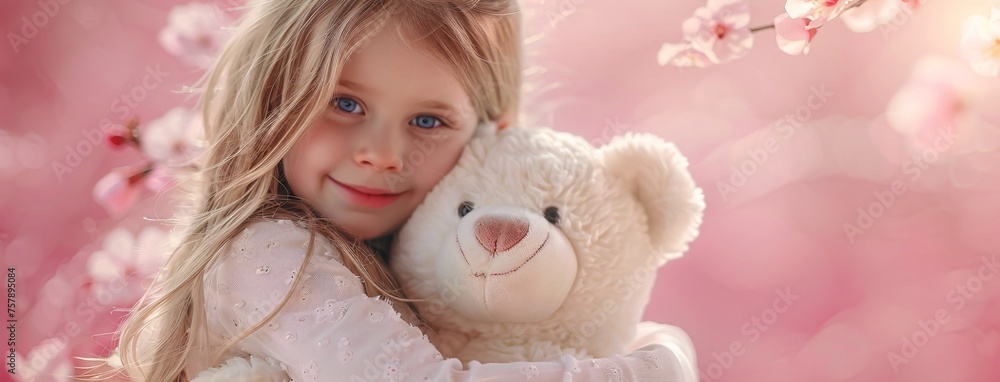 A Little Girl's Love for Teddy Bears A Pink and White Photo Generative AI