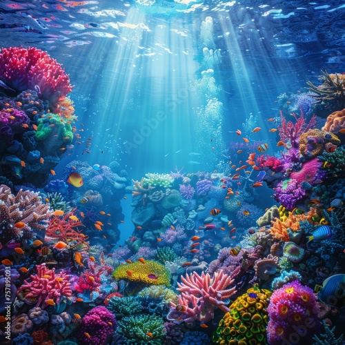 A vibrant coral reef underwater scene with diverse marine life. --stylize 250 Job ID: 9fad6407-9798-4da9-93db-32406cb7af4d