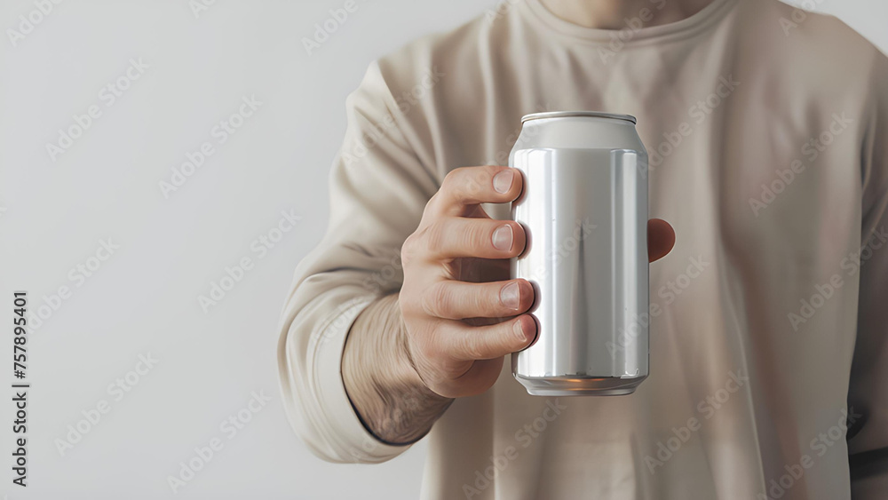Man holding aluminum can on white background Man holding aluminum can on white background