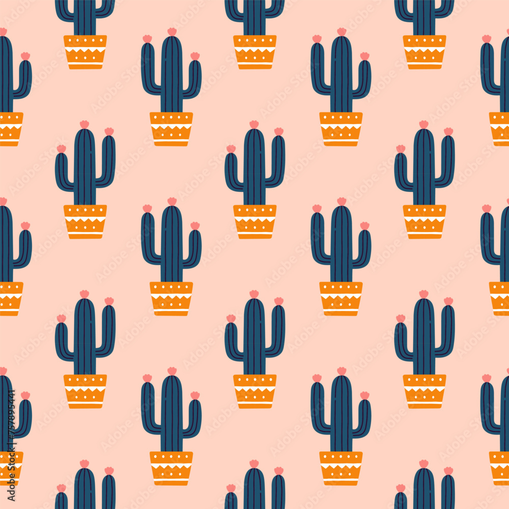 Cute cactus seamless pattern. Desert spiny plant, mexico cacti flower and tropical home plants.