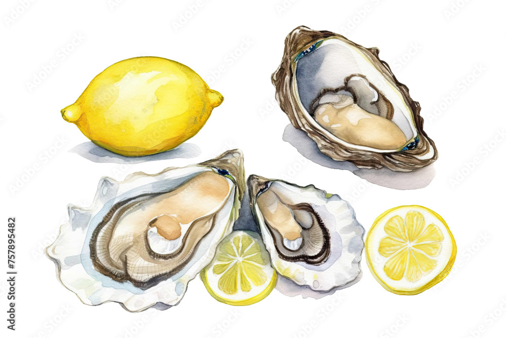 seafood graphic watercolor healthy food white Hand drawn background human illustration lemon Retro shell style Oyster Isolated farm