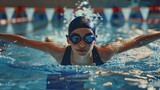 Swimsuit Season A Female Swimmer in a Blue Cap and Goggles Generative AI