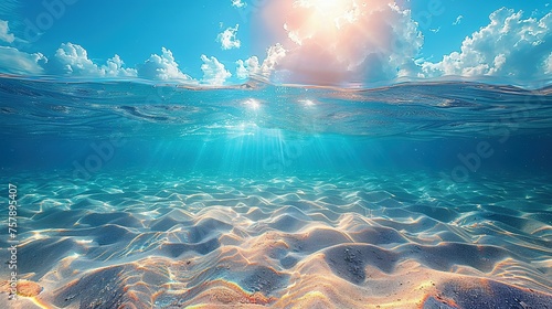 Seabed sand with blue tropical ocean above  empty underwater background with the summer sun shining brightly  creating ripples in the calm sea water
