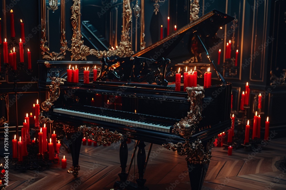 Candlelit Piano Night A Romantic Getaway Generative AI - obrazy, fototapety, plakaty 
