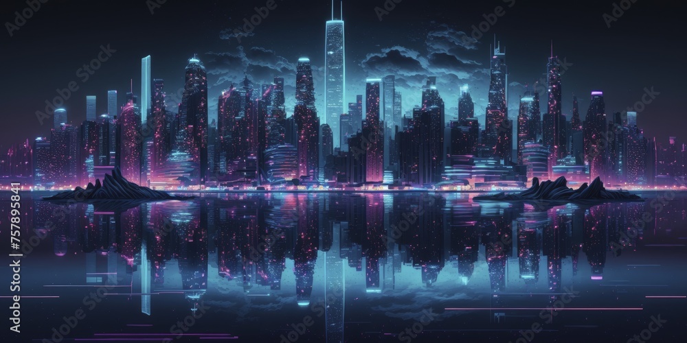 Night panorama of the city reflected in water Night panorama of the city reflected in water