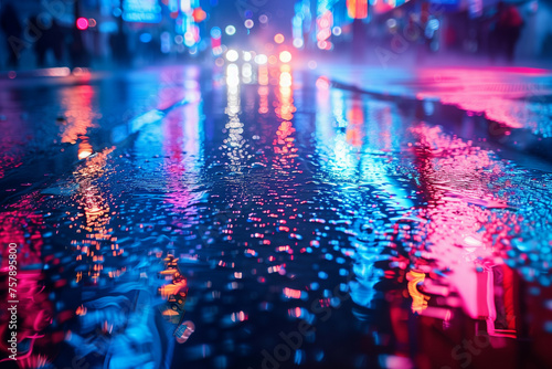 Neon reflections on wet asphalt in smoky night city 