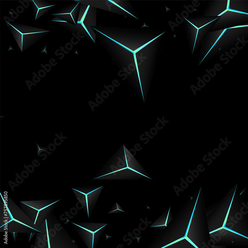 Obsidian Prism Background Black Vector. Blue Neon Triangle Poly. Crystal Glossy Texture. Jet Black Modern Template.