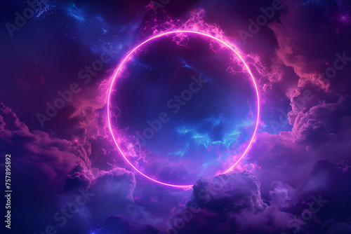 Neon ring illuminating abstract cloud on dark night sky 