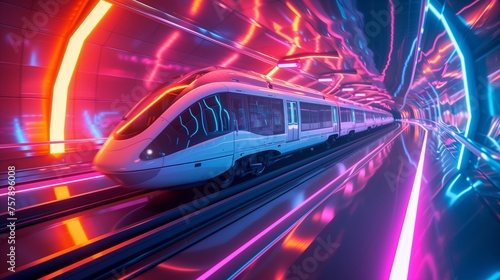 A futuristic train speeding through a neon-lit tunnel