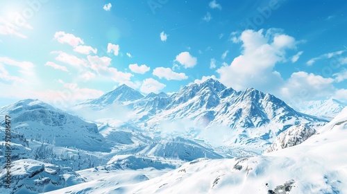 A beautiful view of a big snowy mountain range with a blue sky. Ski resort background