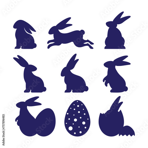 Easter rabbits with eggs silhouette. Running, looking up and standing bunny. Set of Easter bunny