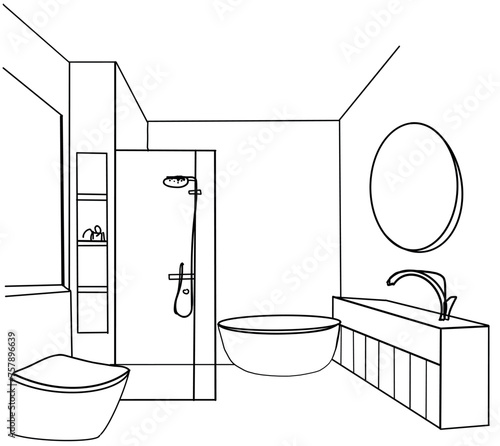 Hand drawn sketch. Linear sketch of an interior. Part of the bathroom