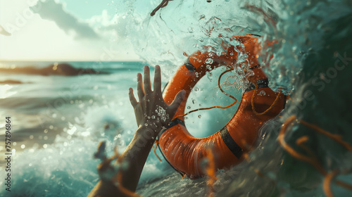 Hand of drowning person in the water about to catch life preserver or lifebuoy