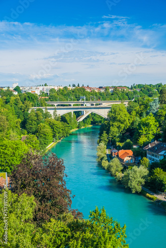 Aare river and bridges of city of Bern, Switzerland