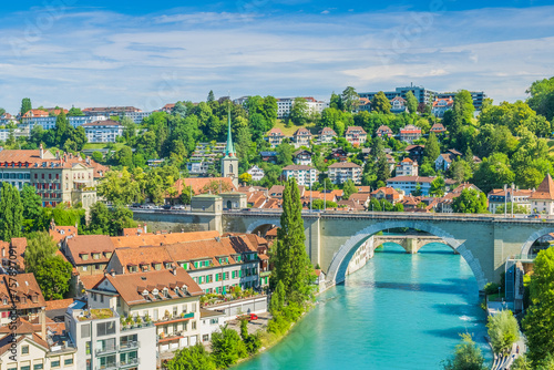 Aare river, Nydeggbrucke bridge, cityscape of Bern, Switzerland 