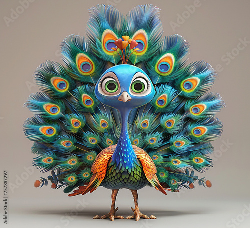 3d cartoon design cute character of a peacock photo, generative ai