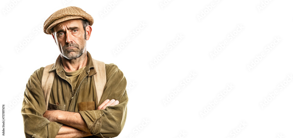 Excited irritated angry male farmer in work clothes, white background isolate.