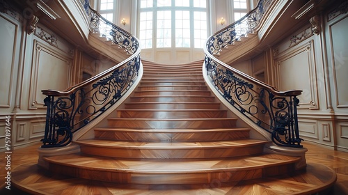 Classic vintage elegant wooden staircase with wrought iron railing