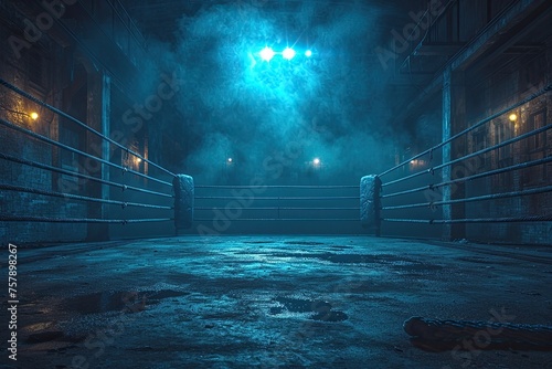 An unoccupied boxing ring illuminated by a blue light at the far end.