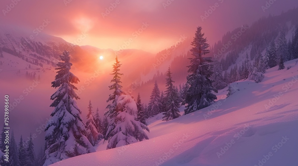 Beautiful winter scenery. Splendid sunrise in the mountains. Fresh snow covered slopes and fir trees . Beauty of nature