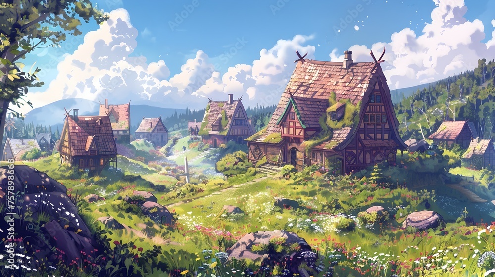 Anime-style Medieval Village in a Lush Scandinavian Landscape Anime-style Medieval Village in a Lush Scandinavian Landscape