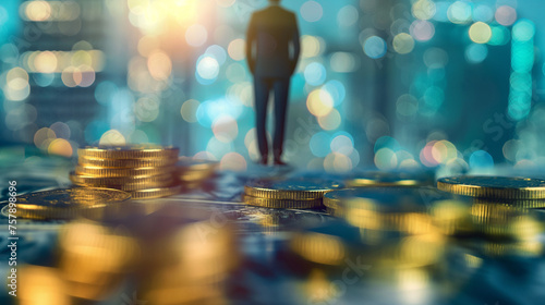 Businessman stands on many gold coins with bokeh background