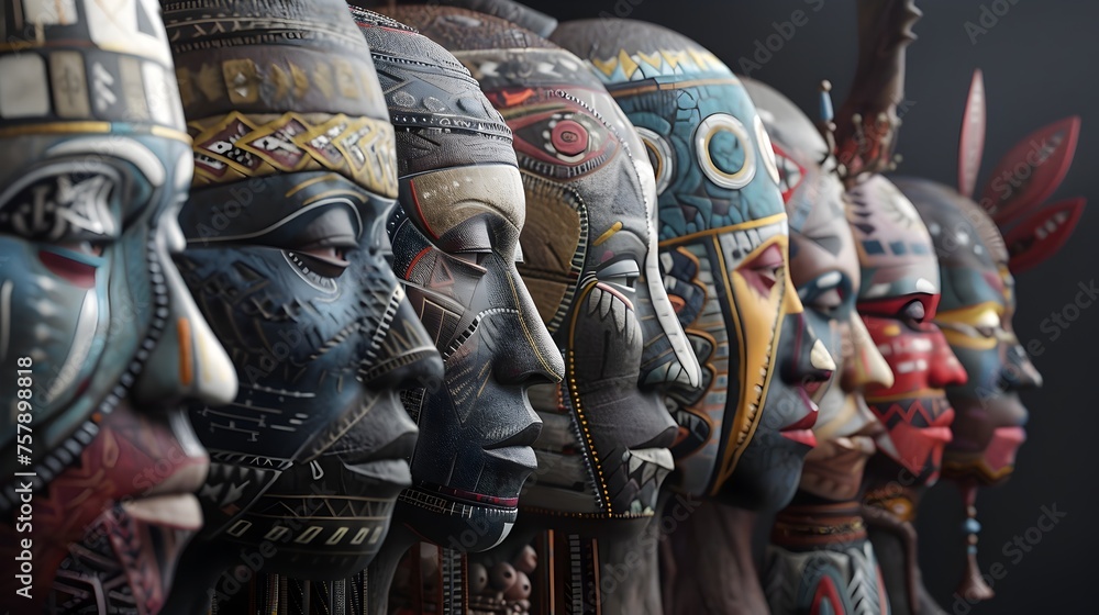Fototapeta premium Intricately Carved Wooden Masks: A Global Tribute to African Mythological Figures and Celestial Bodies