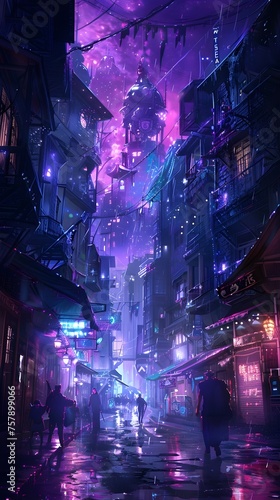Vibrant Cyberpunk Street: Neon Lights Pierce the Rain-soaked Gothic Fantasy Nightscape
