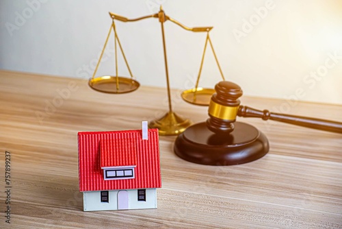 Foto House model, hammer judge gavel on wooden table with white wall background
