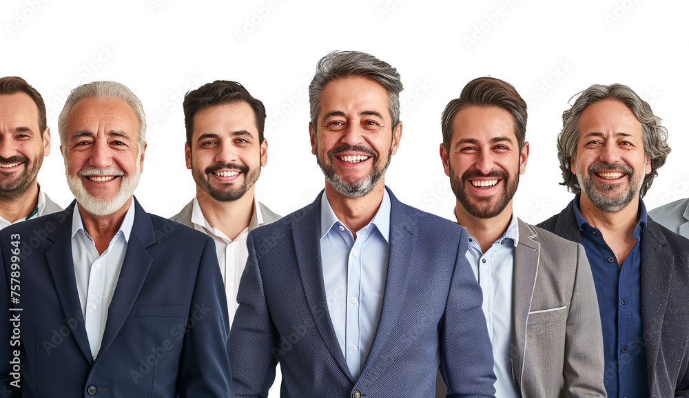 businessmen of different ages smiling looking at camera isolated on transparent background, portrait business people of diverse age group cutout businessmen of different ages smiling looking at camera isolated on transparent background, portrait business people of diverse age group cutout