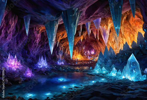 Crystal Caverns Landscape, Landscape, Caverns, Cave, Crystal, Minerals, Geology, Underground, Fantasy, Mystical, Enchanted, Surreal, Natural, Formation, Exploration, AI Generated © Say it with silence.