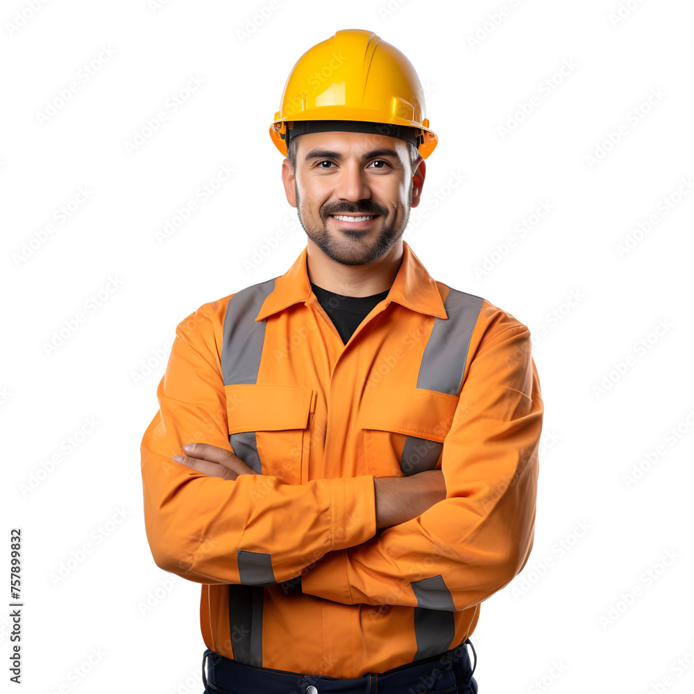 Portrait of a smiling male construction worker with arms crossed, isolated on transparent background Portrait of a smiling male construction worker with arms crossed, isolated on transparent background