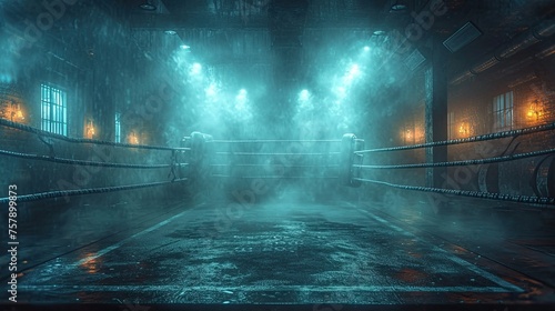 A photograph capturing a boxing ring in the middle of a dark room, set for an intense fight night event. photo