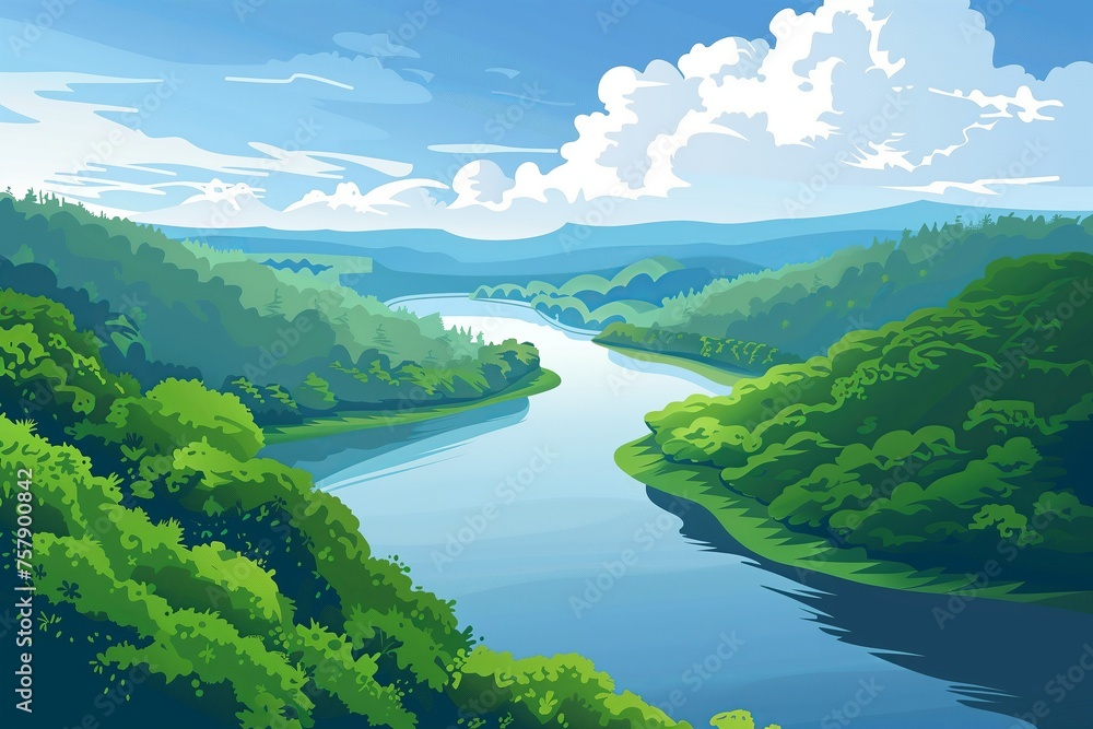 Serene River Winding Through a Lush Green Forest Landscape - Great for Environmental and Nature Themes