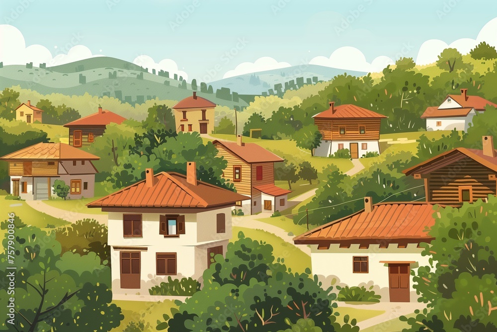 Charming Rural Village Landscape Illustration - Perfect for Storytelling, Backgrounds, and Peaceful Scenery